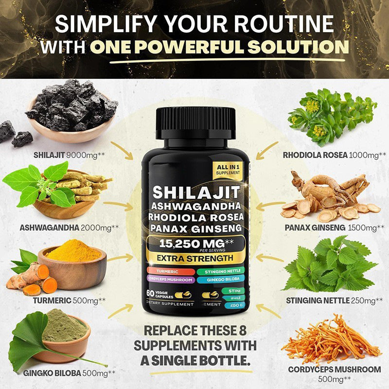 Frasco do suplemento Seamoss And Shilajit Capsules rodeado por ingredientes naturais como Shilajit, Ashwagandha, Rhodiola Rosea, Panax Ginseng, açafrão, ginkgo biloba, urtiga e cogumelos, destacando-se como suplementos premium naturais para energia, vitalidade e saúde cognitiva para o mercado português.