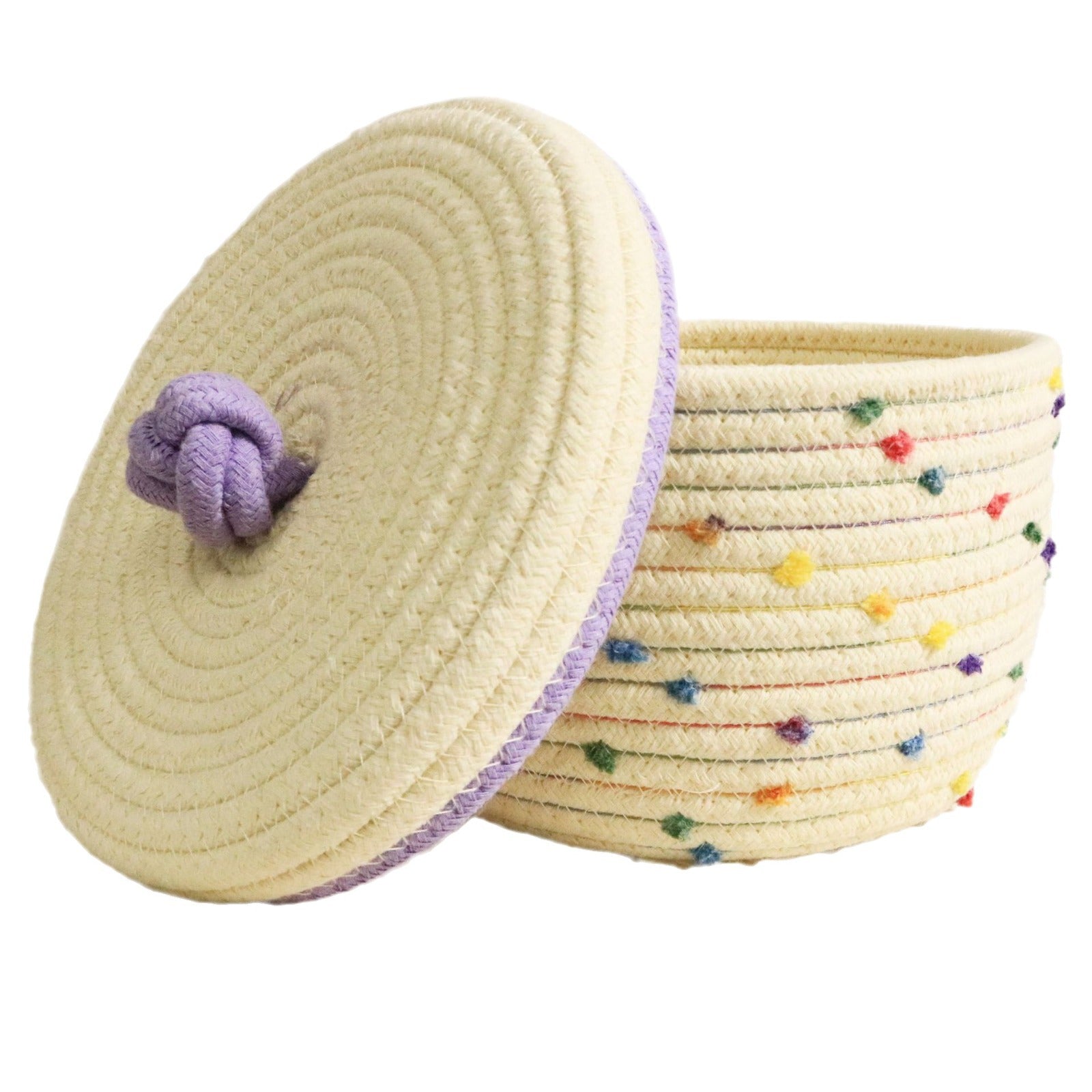 Creative desktop cosmetics storage woven basket em tons creme com detalhes coloridos, ideal para organizar suplementos premium naturais para energia, vitalidade e saúde cognitiva.