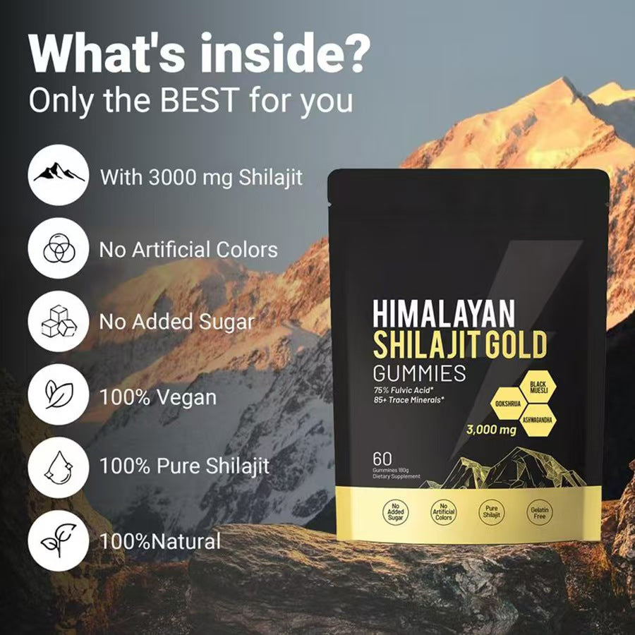 Embalagem de Kidney Support Shilajit Gummies sobre montanhas, destacando suplementos premium naturais para energia, vitalidade e saúde cognitiva, com 3000 mg de shilajit puro, vegano e sem corantes artificiais.
