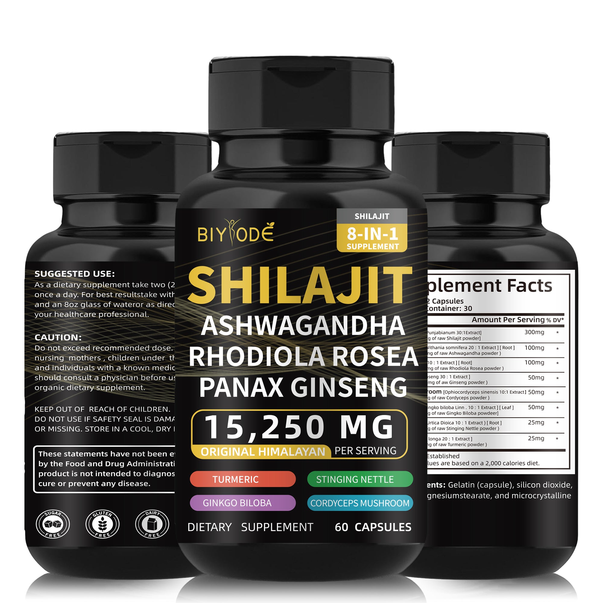Biyode Effective Formula Ready Stock Fast Shipping Wholesale Pure Natural Himalayan Shilajit Capsules With Ashwagandha Ginseng Healthcare Vitamin 8 In 1 Energy, suplementos premium naturais para energia, vitalidade e saúde cognitiva, com ingredientes como Ashwagandha, Rhodiola Rosea e Panax Ginseng.