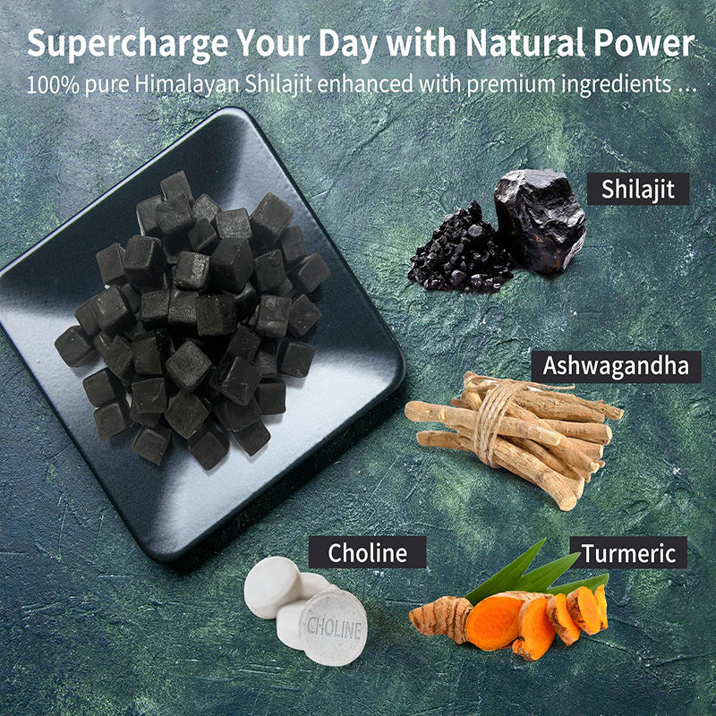 90 Tablets Of Xilaizhi Soft Candy SHILAJIT exibindo ingredientes naturais como Shilajit, Ashwagandha, Colina e Cúrcuma, suplementos premium naturais para energia, vitalidade e saúde cognitiva.