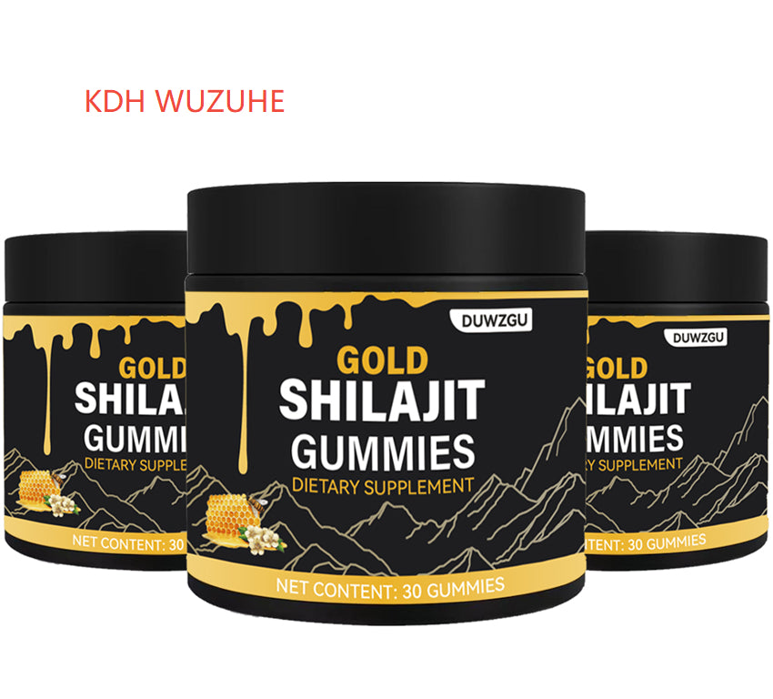 Frascos pretos de Shilajit Honey Gummies com rótulo dourado e preto, apresentando suplementos premium naturais para energia, vitalidade e saúde cognitiva, ideais para o mercado português.