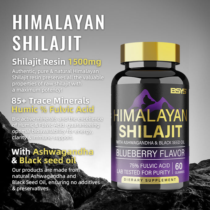 Frasco preto de BSYS SHILAJIT GUMMIES 60&