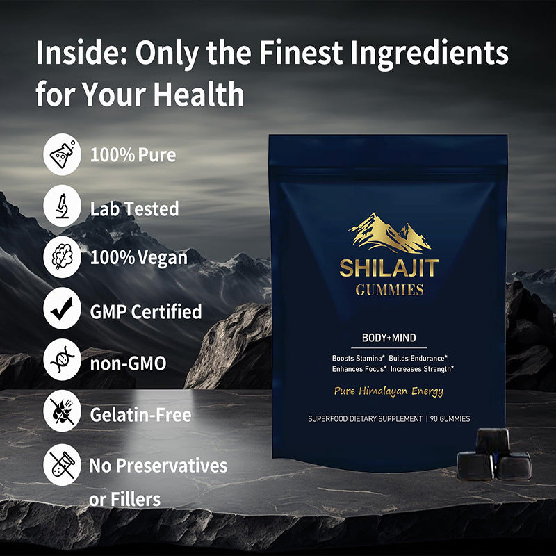 Imagem promocional do produto 90 Tablets Of Xilaizhi Soft Candy SHILAJIT, suplementos premium naturais para energia, vitalidade e saúde cognitiva com ingredientes puros, veganos e certificados.
