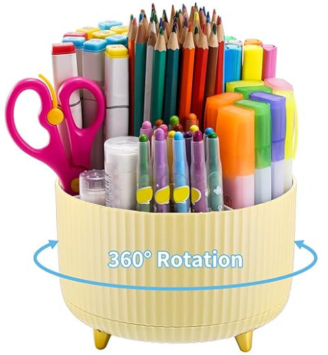 Home desktop rotatable dustproof large capacity pen holder storage box bathroom cosmetics sundries storage box com caneta, lápis de cor, marcadores e tesoura organizados, mostrando rotação de 360 graus, ideal para suplementos premium naturais para energia, vitalidade e saúde cognitiva, desenvolvidos para o mercado português.