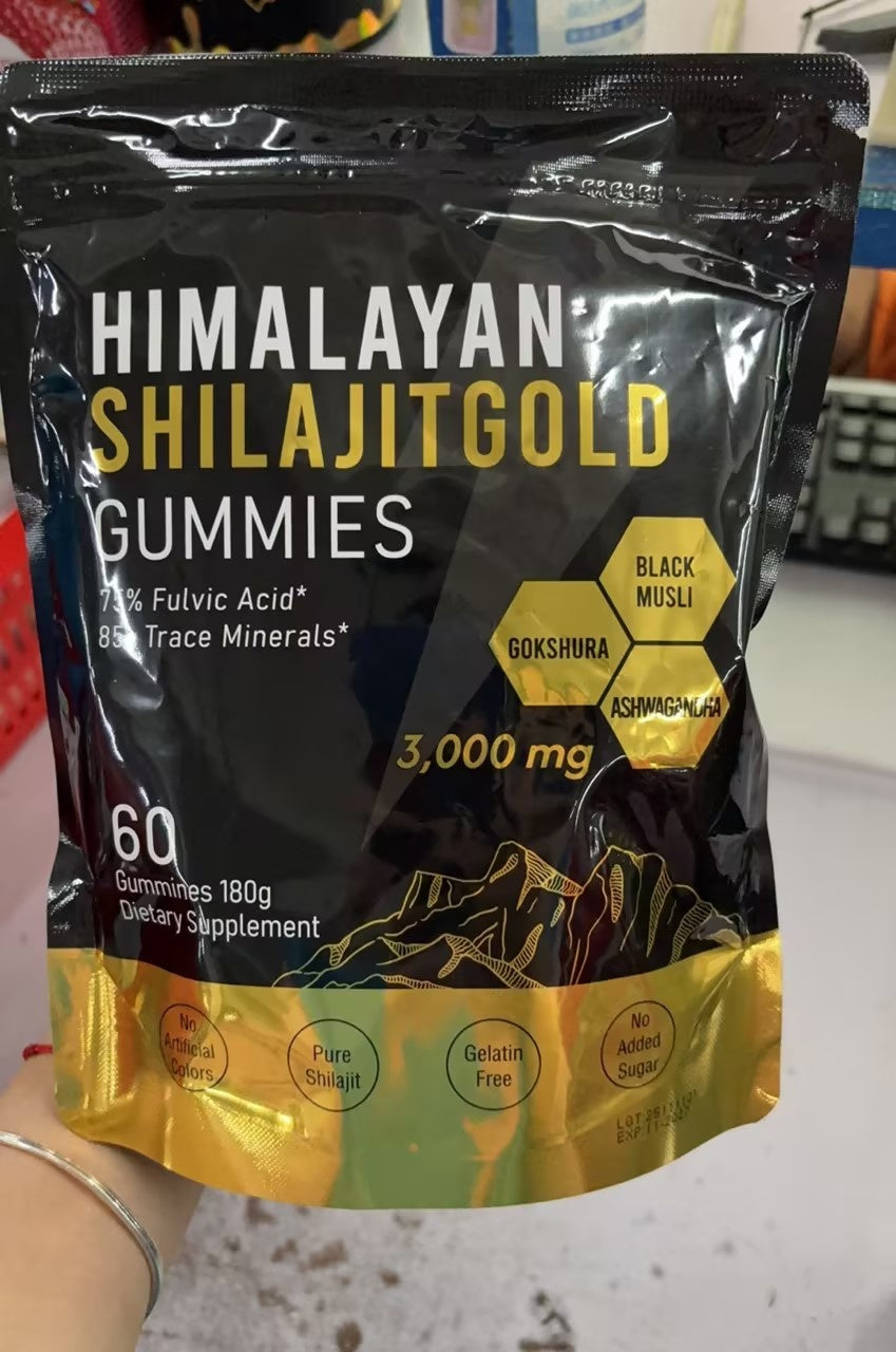 Embalagem preta e dourada de Kidney Support Shilajit Gummies, suplementos premium naturais para energia, vitalidade e saúde cognitiva, contendo 60 gomas com ingredientes como ácidos fúlvicos e minerais traço.