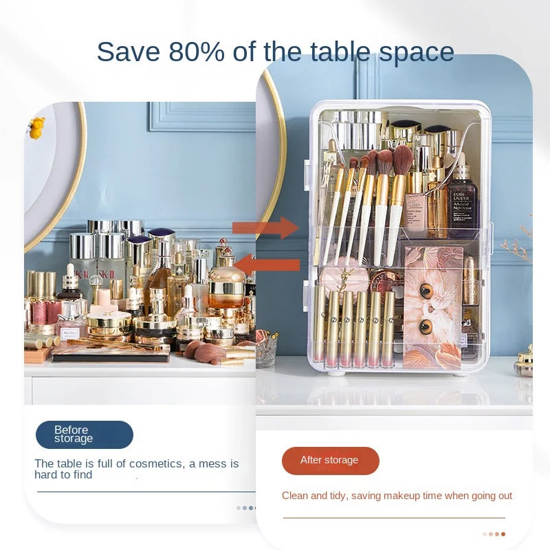 Cosmetics storage cabinet, desktop large capacity drawer type cosmetics storage box organizado com pincéis, cosméticos e frascos, otimizando espaço e promovendo bem-estar natural.
