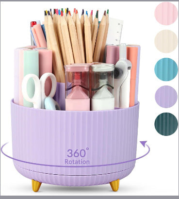 Organizador rotativo rosa com lápis de cor, tesoura e acessórios variados, ideal para suplementos premium naturais para energia, vitalidade e saúde cognitiva, Home desktop rotatable dustproof large capacity pen holder storage box bathroom cosmetics sundries storage box.