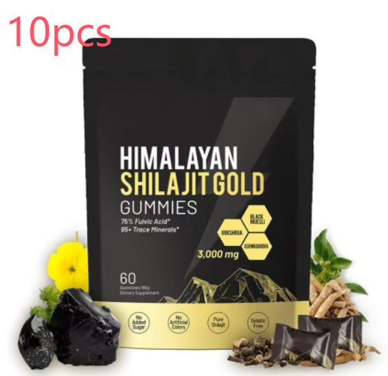 Embalagem preta de Kidney Support Shilajit Gummies, suplementos premium naturais para energia, vitalidade e saúde cognitiva com ingredientes naturais e minerais essenciais.