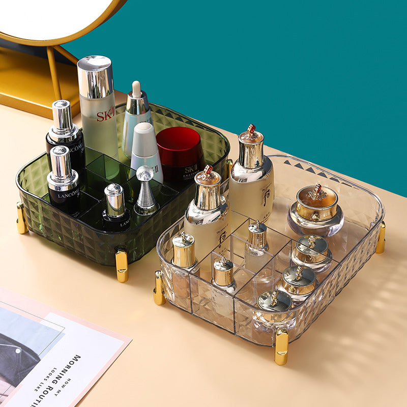 Desktop Cosmetics Storage Rack Storage Box transparente e verde com divisórias para organizar frascos de cosméticos e suplementos premium naturais para energia, vitalidade e saúde cognitiva.