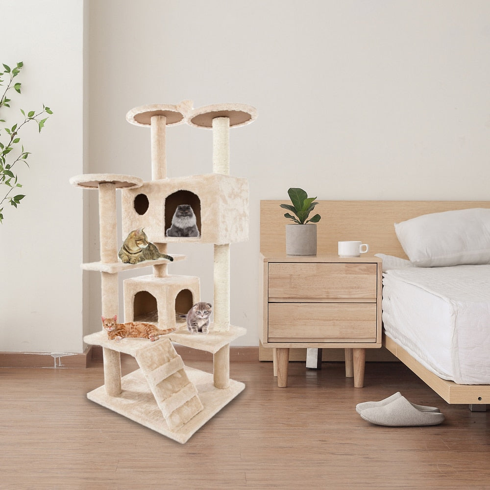 Cat Climbing Sisal Rope Tower com vários níveis em material sisal natural, ideal para gatos se exercitarem, relaxarem e melhorarem a vitalidade com suplementos premium naturais para energia.