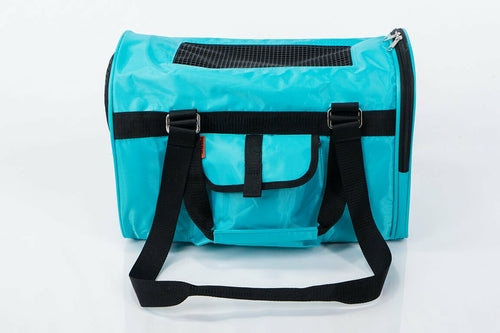 Bolsa azul para transporte de animais com alças pretas, ideal para conforto e segurança, modelo 566 Jet Carrier - Pet Carrier, focado em bem-estar natural.