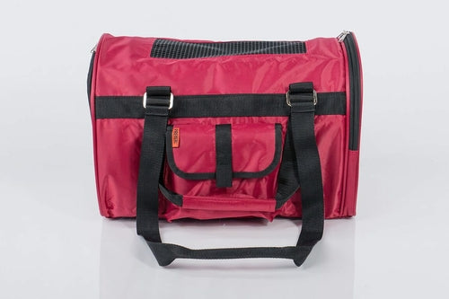 566 Jet Carrier - Pet Carrier em tecido resistente na cor borgonha, com alças pretas e bolso frontal, ideal para transporte seguro e confortável de animais de estimação.