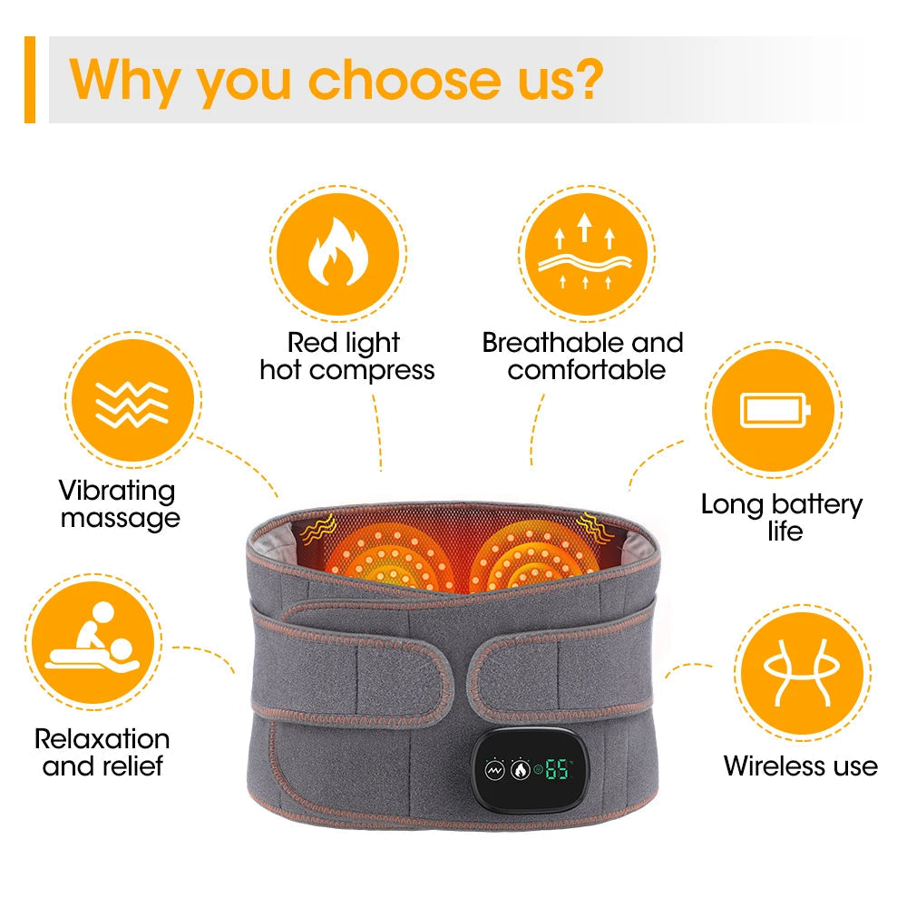 Heat Therapy Lumbar Brace Support Massager Waist Massager Back Belt cinza com massagem vibratória, compressa quente de luz vermelha, confortável, sem fios, bateria duradoura, projetado para relaxamento e alívio, associado a suplementos premium naturais para energia, vitalidade e saúde cognitiva.