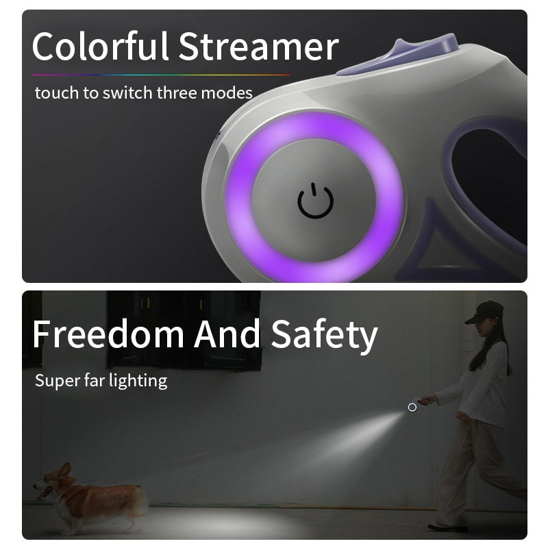 Imagem mostrando o Automatic Retractable Lighting Dog Leash com luz iluminada em roxo e uso à noite para maior segurança, ideal para suplementos premium naturais para energia, vitalidade e saúde cognitiva.