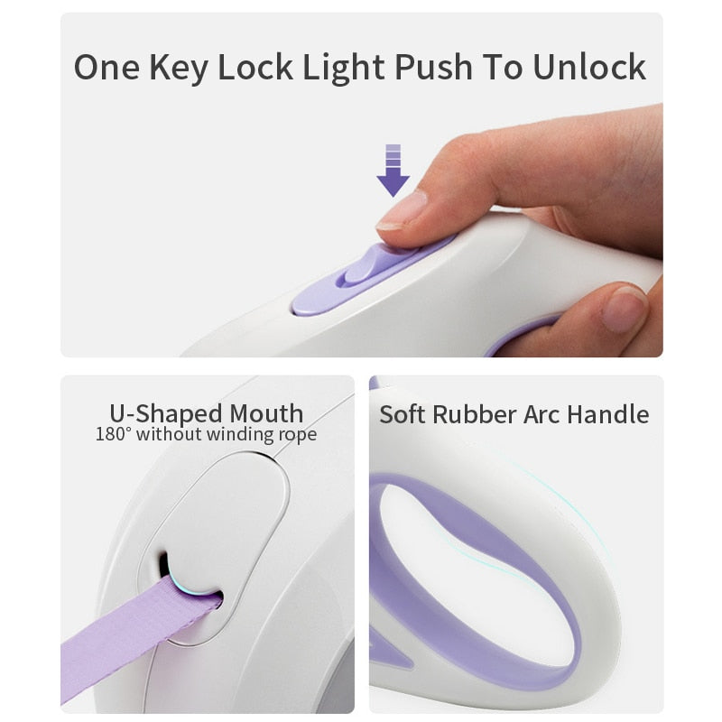 Imagem detalhada da Automatic Retractable Lighting Dog Leash mostrando botão de desbloqueio, entrada em formato U para corda sem emaranhados e pega curva com borracha macia para conforto.