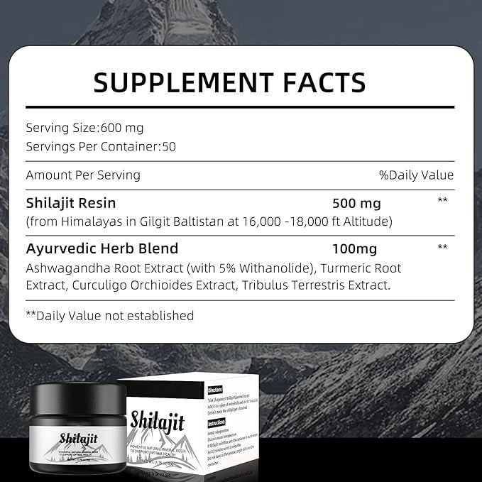 Rótulo nutricional do Pure Himalayan Organic Shilajit Resin mostrando ingredientes naturais como resina Shilajit do Himalaia e blend ayurvédico de raiz de Ashwagandha e curcuma, destacando suplementos premium naturais para energia, vitalidade e saúde cognitiva, desenvolvidos para o mercado português.