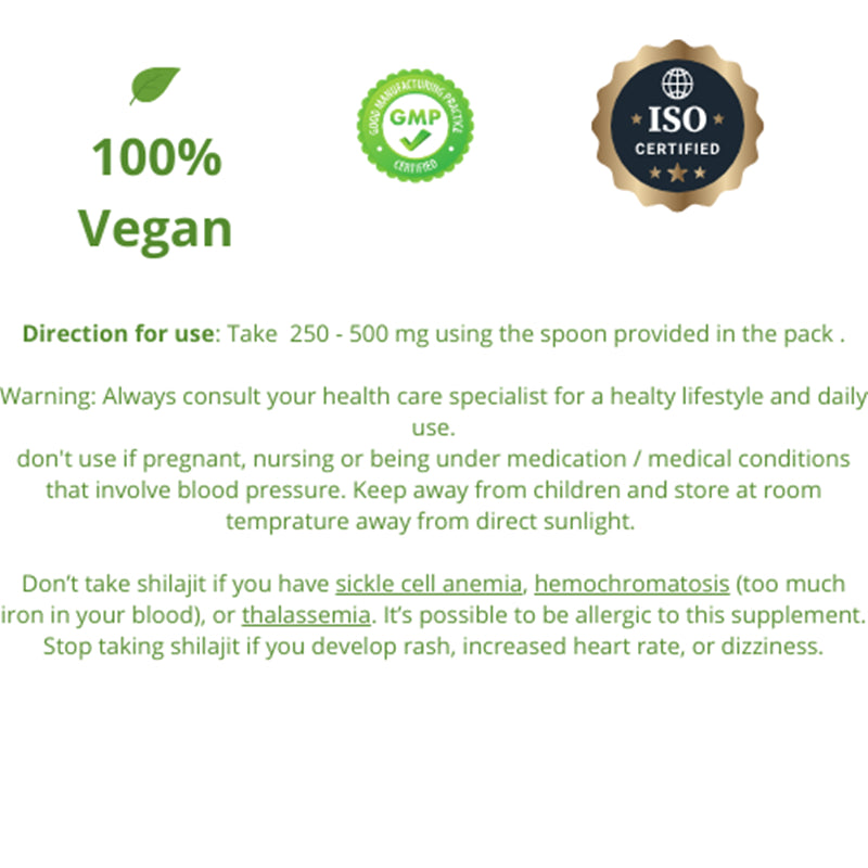 Selo 100% Vegan, certificados GMP e ISO, informação de uso e avisos de segurança para Pure Himalayan Shilajit SoftResin, suplementos premium naturais para energia, vitalidade e saúde cognitiva.