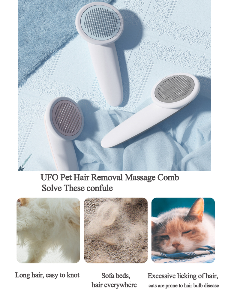 Três dispositivos brancos para cuidados de pets apresentados sobre tecido azul claro, exibindo "UFO Pet Massage Comb Cats Dog Grooming Combs Brush" para remoção de pelos, promovendo bem-estar natural.
