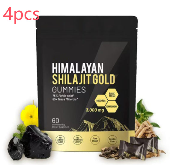 Embalagem preta de Kidney Support Shilajit Gummies com destaque em dourado, cercada por ingredientes naturais, apresentando suplemento premium natural para energia, vitalidade e saúde cognitiva.
