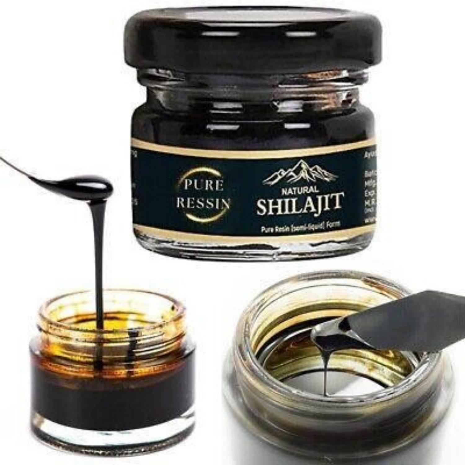 Frasco de Shilajit em resina pura com textura viscosa escura, suplemento premium natural para energia, vitalidade e saúde cognitiva, ideal para o mercado português.