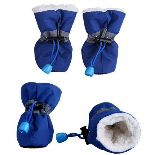 Conjunto Dogs Winter Warm Shoes 4 PCS Set em azul, botas térmicas para cães com interior acolchoado para isolamento, conforto e proteção contra frio intenso.