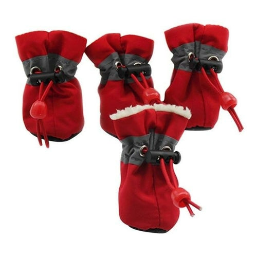 Conjunto Dogs Winter Warm Shoes 4 PCS Set em tecido vermelho com detalhes cinza e ajuste em cordão, ideal para proteger as patas do cão no inverno com conforto.