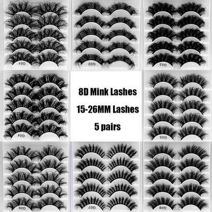 5 Pairs Of New Style Fake Eyelashes Of Fried Hair 8D FLUFFY apresentadas em diversas variações de estilo e volume, ideais para realçar a beleza natural com um toque sofisticado e moderno.