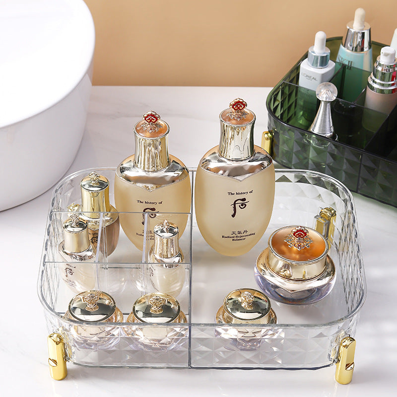 Desktop Cosmetics Storage Rack Storage Box transparente com design elegante, organizando frascos de cosméticos para suplementos premium naturais para energia, vitalidade e saúde cognitiva no ambiente português.