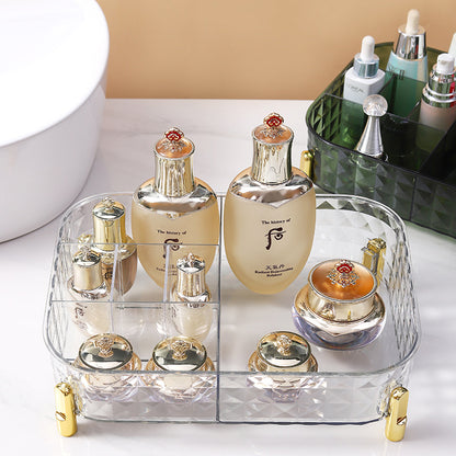 Desktop Cosmetics Storage Rack Storage Box transparente com design elegante, organizando frascos de cosméticos para suplementos premium naturais para energia, vitalidade e saúde cognitiva no ambiente português.