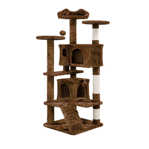 Cat Climbing Sisal Rope Tower em tom castanho com múltiplos níveis, plataforma de descanso, e postes revestidos em sisal para gatos se exercitarem e se divertirem, ideal para bem-estar natural.