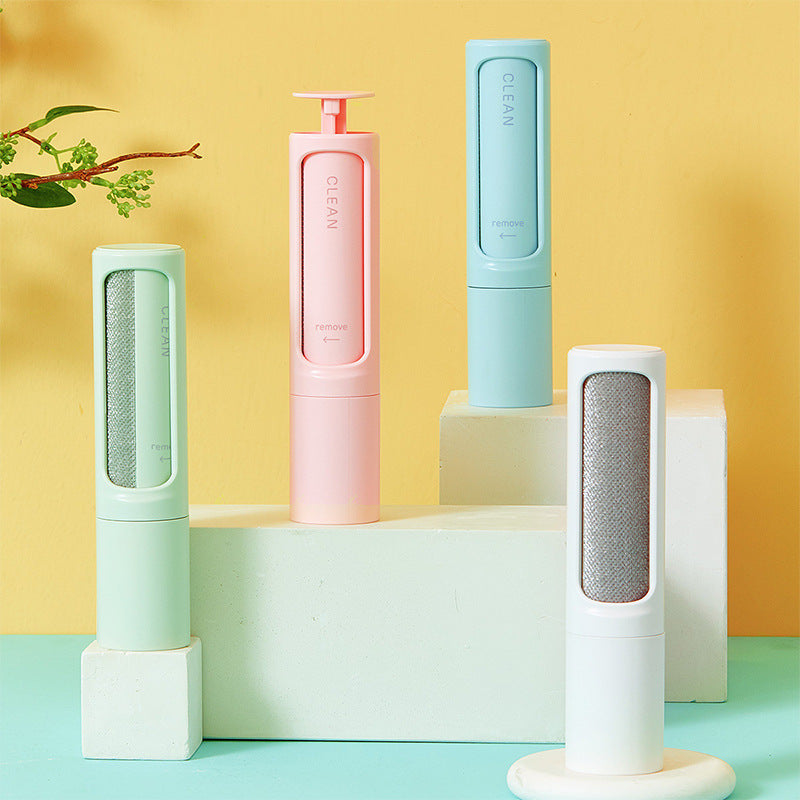 2-1 Reusable Pet Hair Remover Brush Lint Roller Portable em cores pastel, ideal para remoção de pelos de animais, combina funcionalidade e design compacto para uso prático e diário.