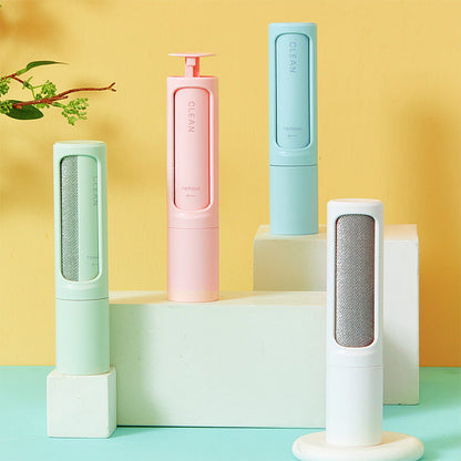 2-1 Reusable Pet Hair Remover Brush Lint Roller Portable em cores pastel, ideal para remoção de pelos de animais, combina funcionalidade e design compacto para uso prático e diário.