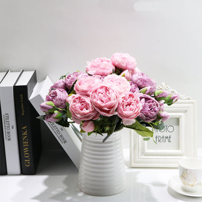 Arranjo decorativo com 5 Small Peonies Korean Small Bouquets 5 Philips Rose Simulation Flowers Household Wedding Rose Bouquets em tons de rosa e lilás, ideal para complementar suplementos premium naturais para energia, vitalidade e saúde cognitiva.