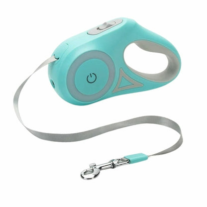 Trela automática retrátil para cães Automatic Retractable Lighting Dog Leash em plástico azul com luz integrada, ideal para passeios noturnos com segurança e conforto.