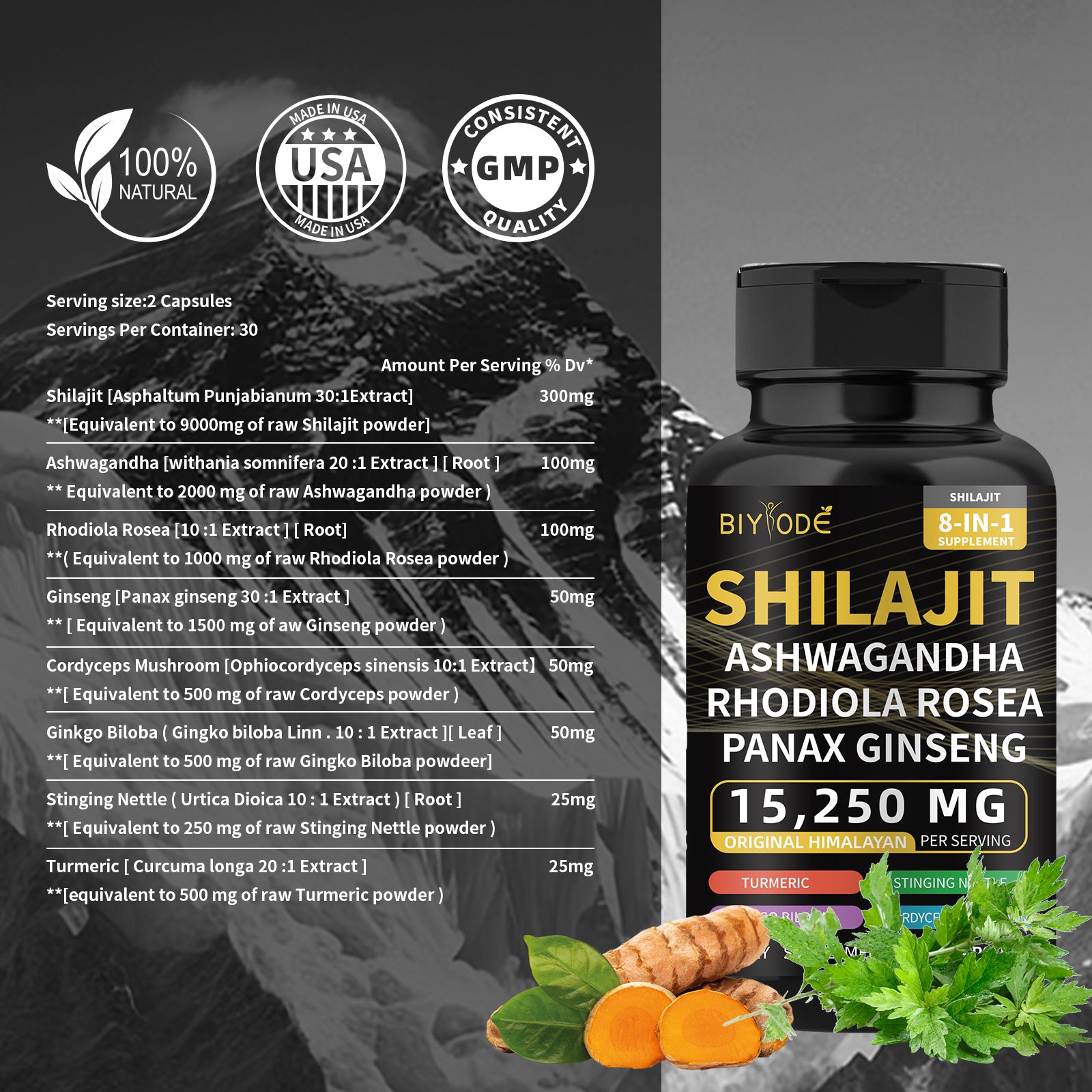 Embalagem de Biyode Effective Formula Ready Stock Fast Shipping Wholesale Pure Natural Himalayan Shilajit Capsules With Ashwagandha Ginseng Healthcare Vitamin 8 In 1 Energy, suplemento premium natural para energia, vitalidade e saúde cognitiva, com ingredientes como Shilajit, Ashwagandha, Rhodiola Rosea e Ginseng Panax, apresentado em cápsulas.