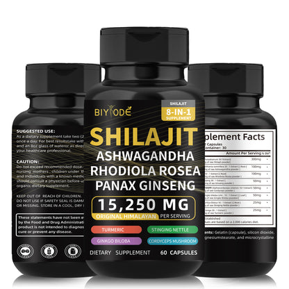 Biyode Effective Formula Ready Stock Fast Shipping Wholesale Pure Natural Himalayan Shilajit Capsules With Ashwagandha Ginseng Healthcare Vitamin 8 In 1 Energy, suplementos premium naturais para energia, vitalidade e saúde cognitiva, com ingredientes como Ashwagandha, Rhodiola Rosea e Panax Ginseng.