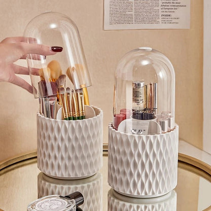 Rotary brush cylinder with cover dustproof brush cylinder cosmetics storage box em tom neutro, ideal para organizar pincéis e cosméticos com proteção contra poeira, aliado a suplementos premium naturais para energia, vitalidade e saúde cognitiva.