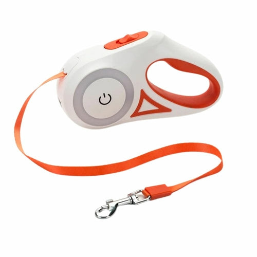 Leash branco e laranja com botões para controlo, projetado para conforto e segurança durante passeios noturnos com o Automatic Retractable Lighting Dog Leash.