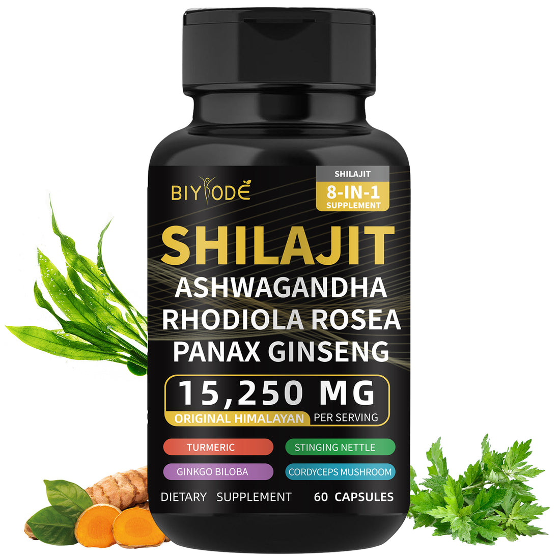 Biyode Effective Formula Ready Stock Fast Shipping Wholesale Pure Natural Himalayan Shilajit Capsules With Ashwagandha Ginseng Healthcare Vitamin 8 In 1 Energy, suplementos premium naturais para energia, vitalidade e saúde cognitiva, com ingredientes como ashwagandha, ginseng e rhodiola.