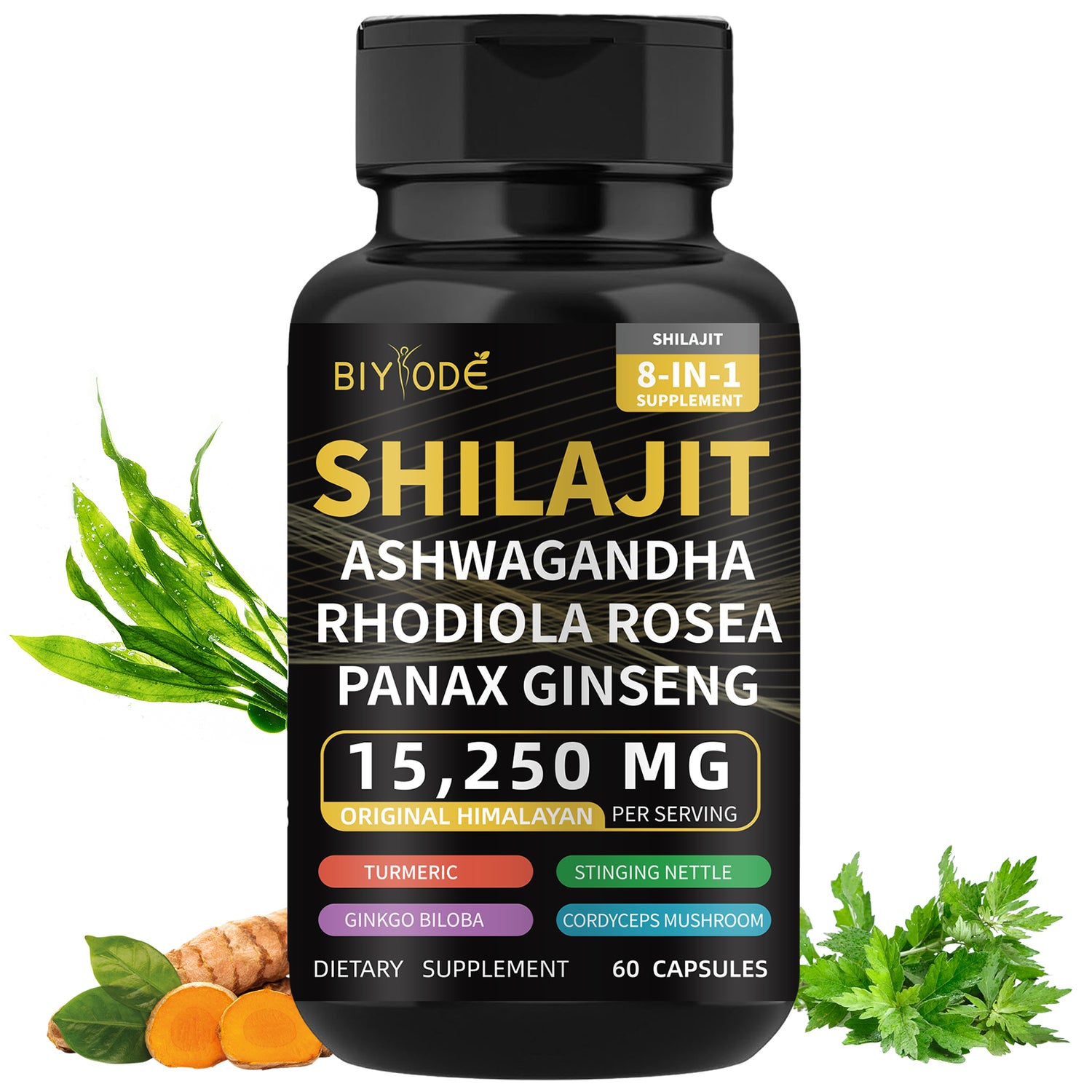 Biyode Effective Formula Ready Stock Fast Shipping Wholesale Pure Natural Himalayan Shilajit Capsules With Ashwagandha Ginseng Healthcare Vitamin 8 In 1 Energy, suplementos premium naturais para energia, vitalidade e saúde cognitiva, com ingredientes como ashwagandha, ginseng e rhodiola.