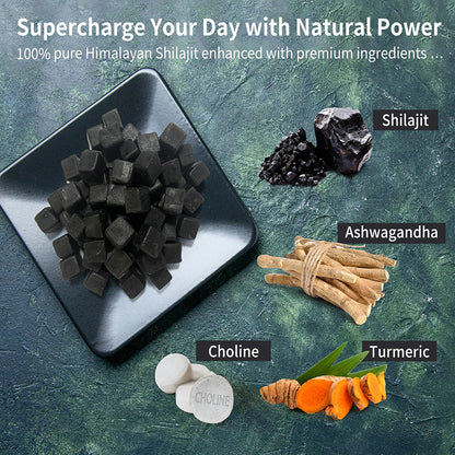90 Tablets Of Xilaizhi Soft Candy SHILAJIT exibindo ingredientes naturais como Shilajit, Ashwagandha, Colina e Cúrcuma, suplementos premium naturais para energia, vitalidade e saúde cognitiva.