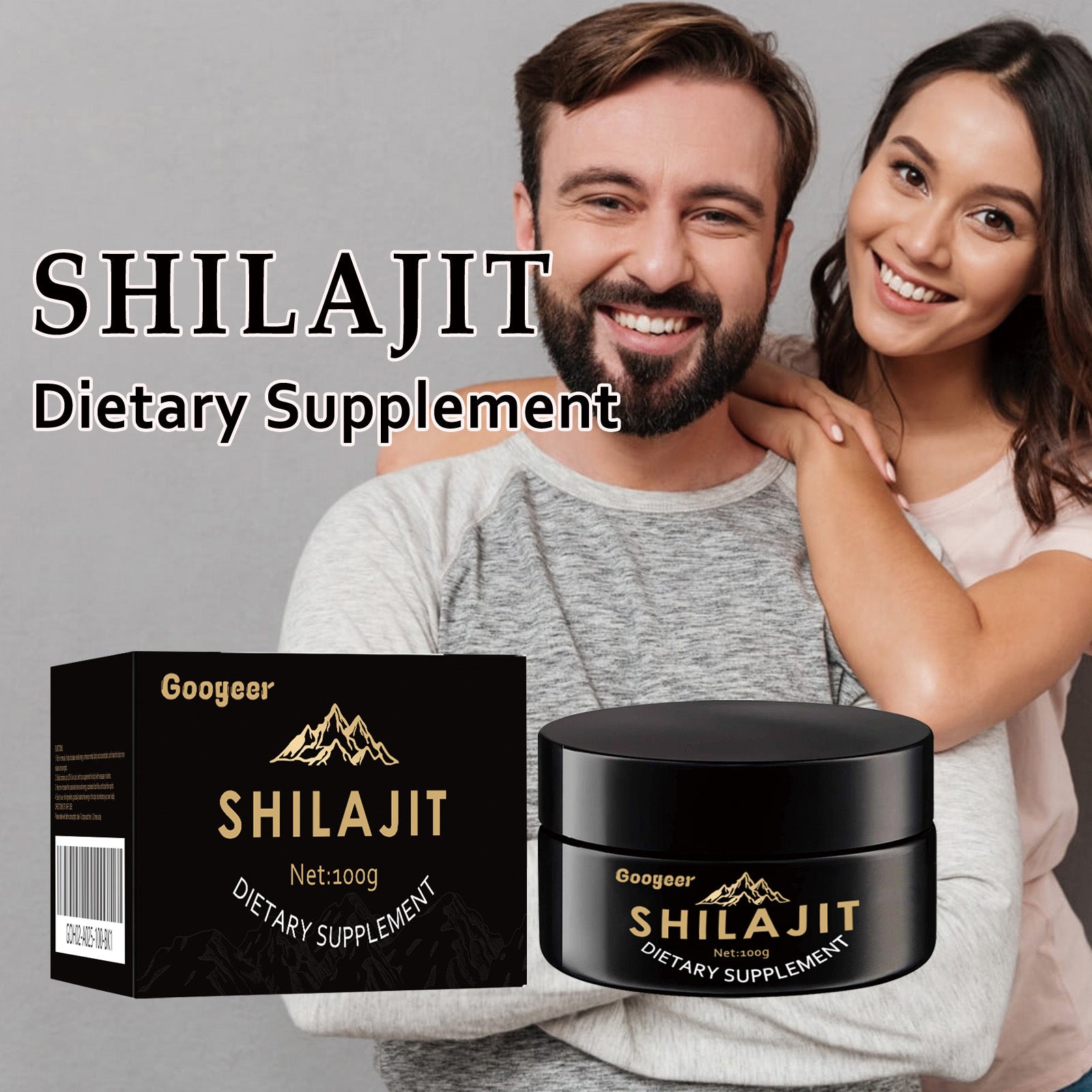 Homem sorridente com mulher ao lado e frasco do suplemento Googeer Shilajit Dietary Supplement Body Care Solution, suplementos premium naturais para energia, vitalidade e saúde cognitiva.