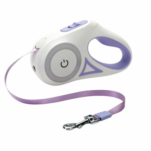 Automatic Retractable Lighting Dog Leash com design ergonómico em branco e roxo, ideal para passeios noturnos seguros, combinando funcionalidade e estilo.