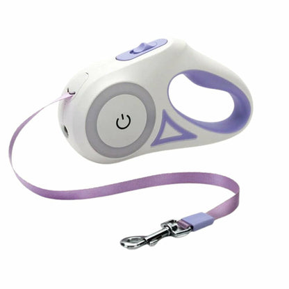 Automatic Retractable Lighting Dog Leash com design ergonómico em branco e roxo, ideal para passeios noturnos seguros, combinando funcionalidade e estilo.