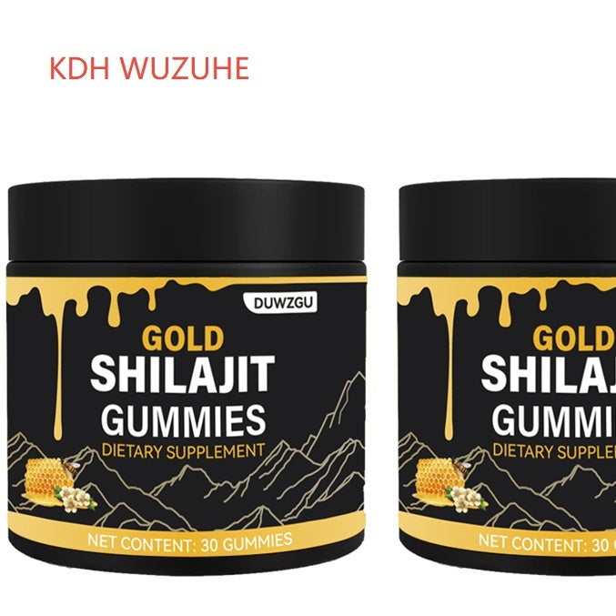 Embalagem preta de Shilajit Honey Gummies, suplementos premium naturais para energia, vitalidade e saúde cognitiva, com design que inclui imagens de mel e montanhas.