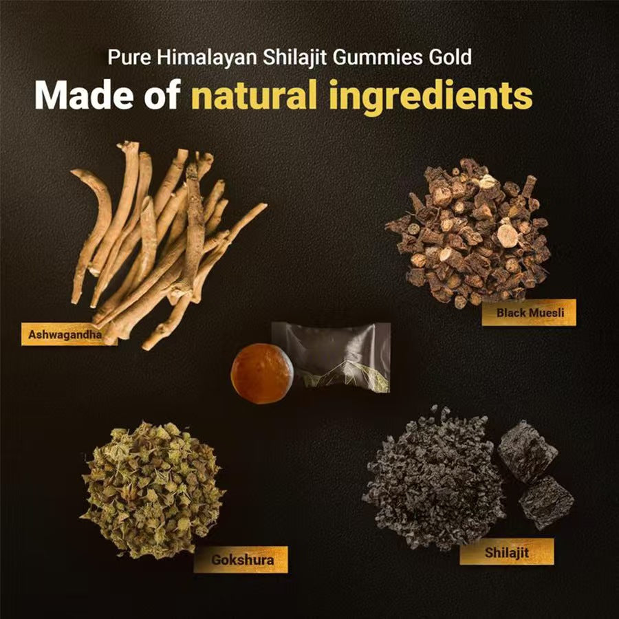 Ingredientes naturais Ashwagandha, Black Muesli, Gokshura e Shilajit destacados junto a um Kidney Support Shilajit Gummies, suplementos premium naturais para energia, vitalidade e saúde cognitiva.
