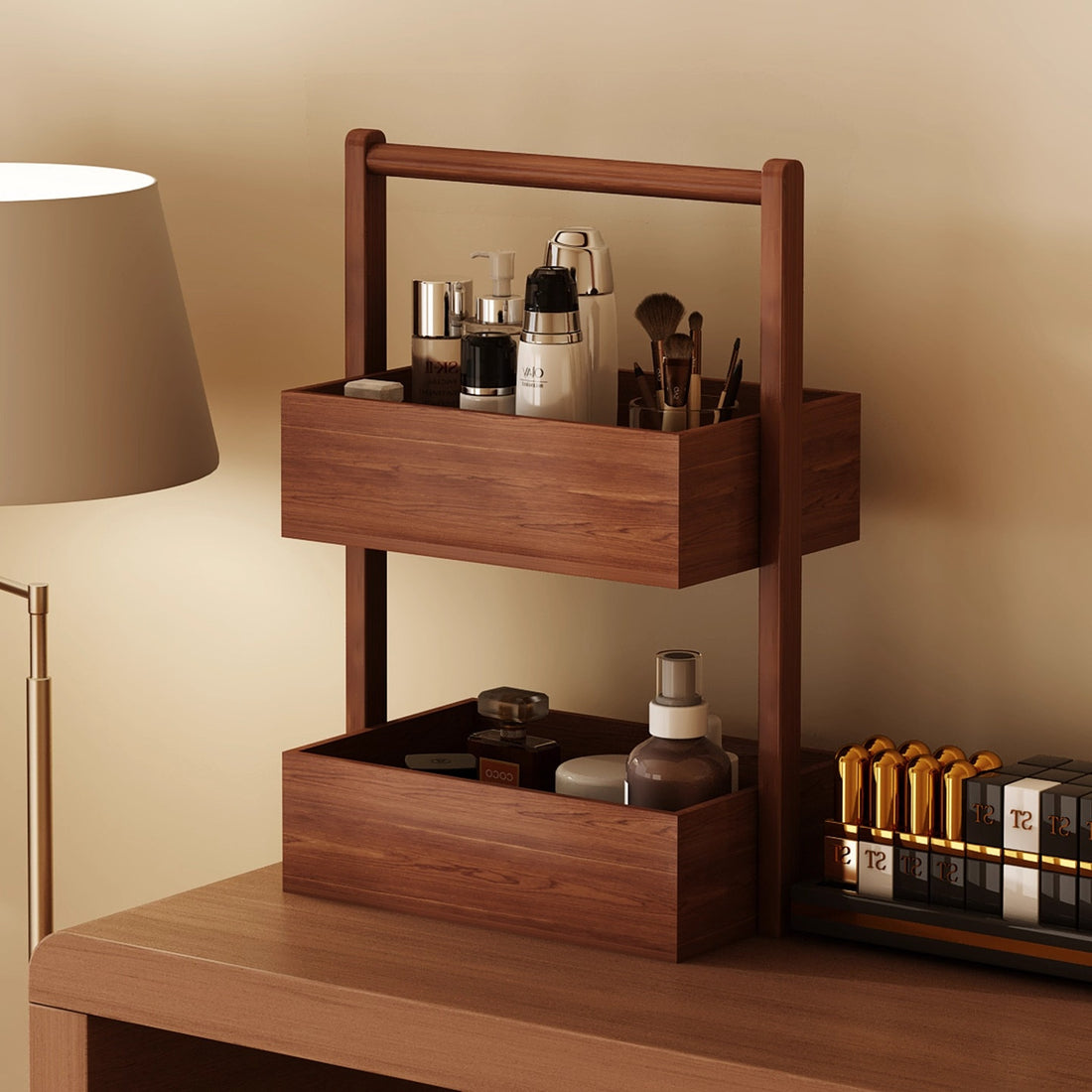 Cosmetics storage box desktop tabletop box em madeira com design elegante, ideal para organizar suplementos premium naturais para energia, vitalidade e saúde cognitiva.