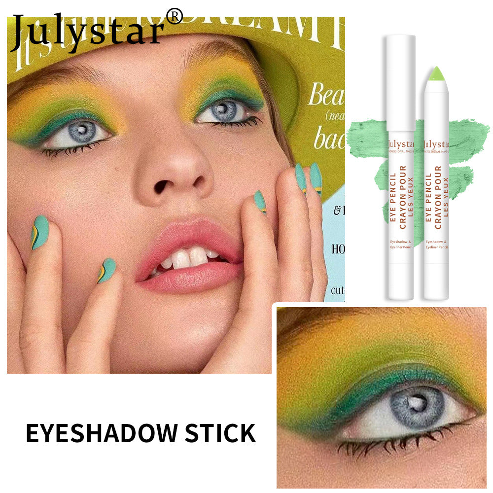 Imagem de modelo com maquiagem verde vibrante nos olhos, destacando o uso do Cosmetics Monochrome Eyeshadow Beauty Eye Shadow Stick, acompanhado de suplemento premium naturais para energia, vitalidade e saúde cognitiva.