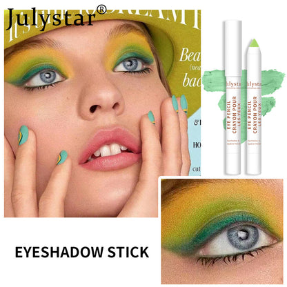 Imagem de modelo com maquiagem verde vibrante nos olhos, destacando o uso do Cosmetics Monochrome Eyeshadow Beauty Eye Shadow Stick, acompanhado de suplemento premium naturais para energia, vitalidade e saúde cognitiva.